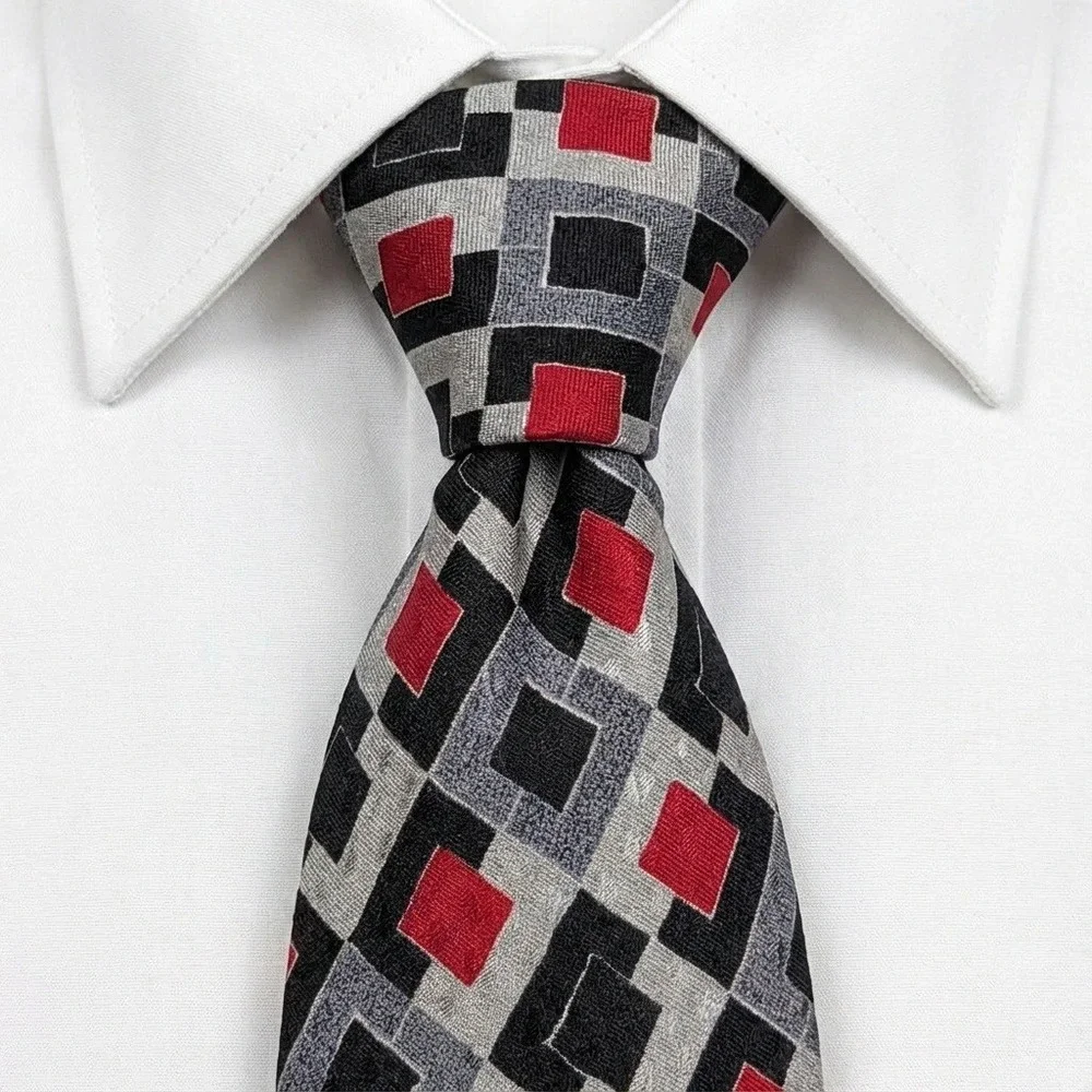 Hubert Milano Geometric Silk Tie Red Black‎ Gray Men's Luxury Italian Made